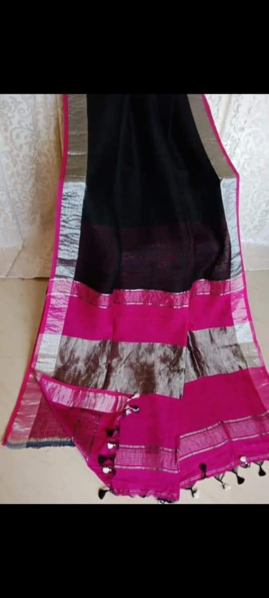 Black with Rani Pink Jayasree Pure Linen Handloom Saree