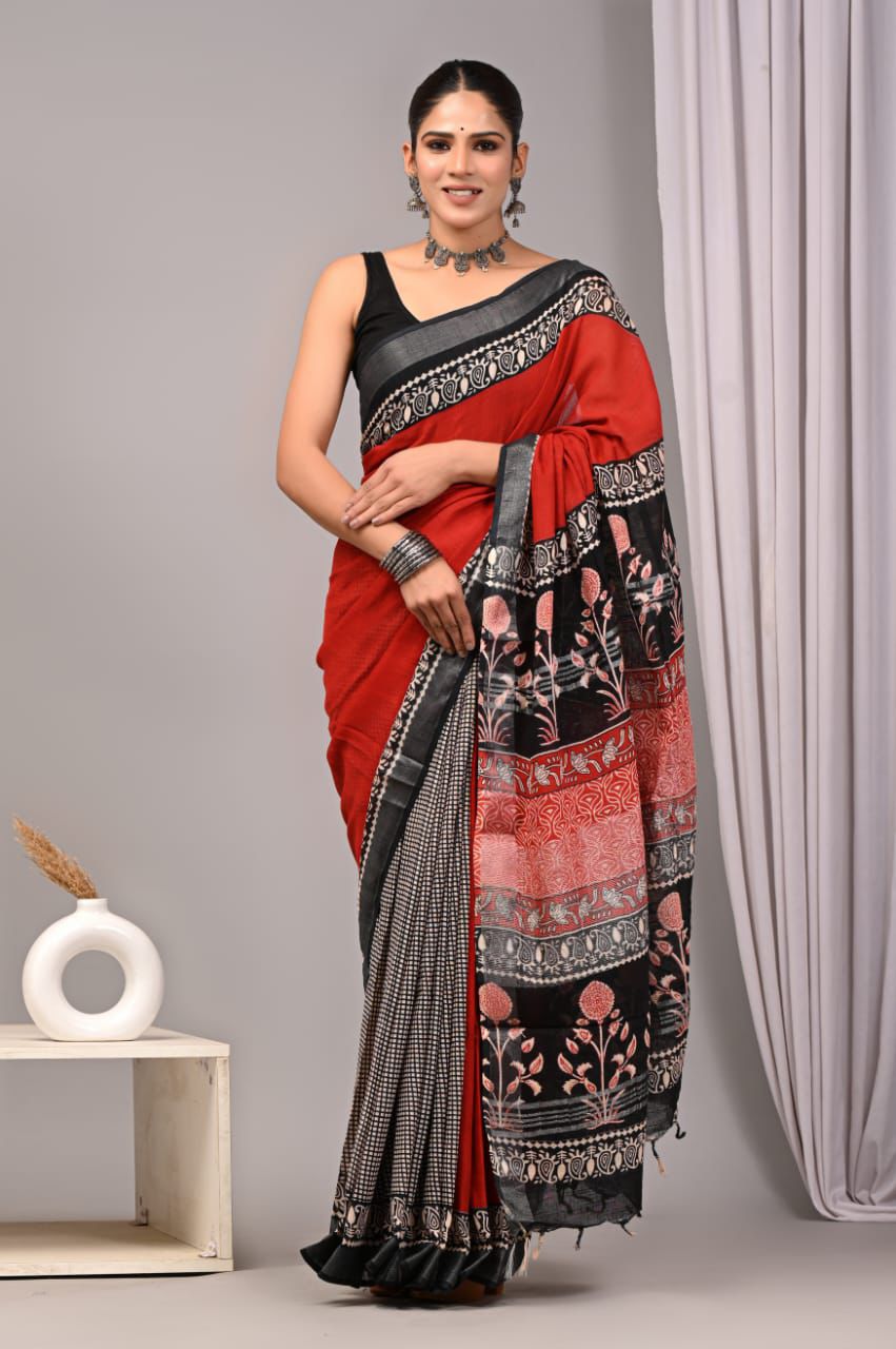 Linen Cotton Half & Half Saree – Red with Black Checks & Floral Pallu