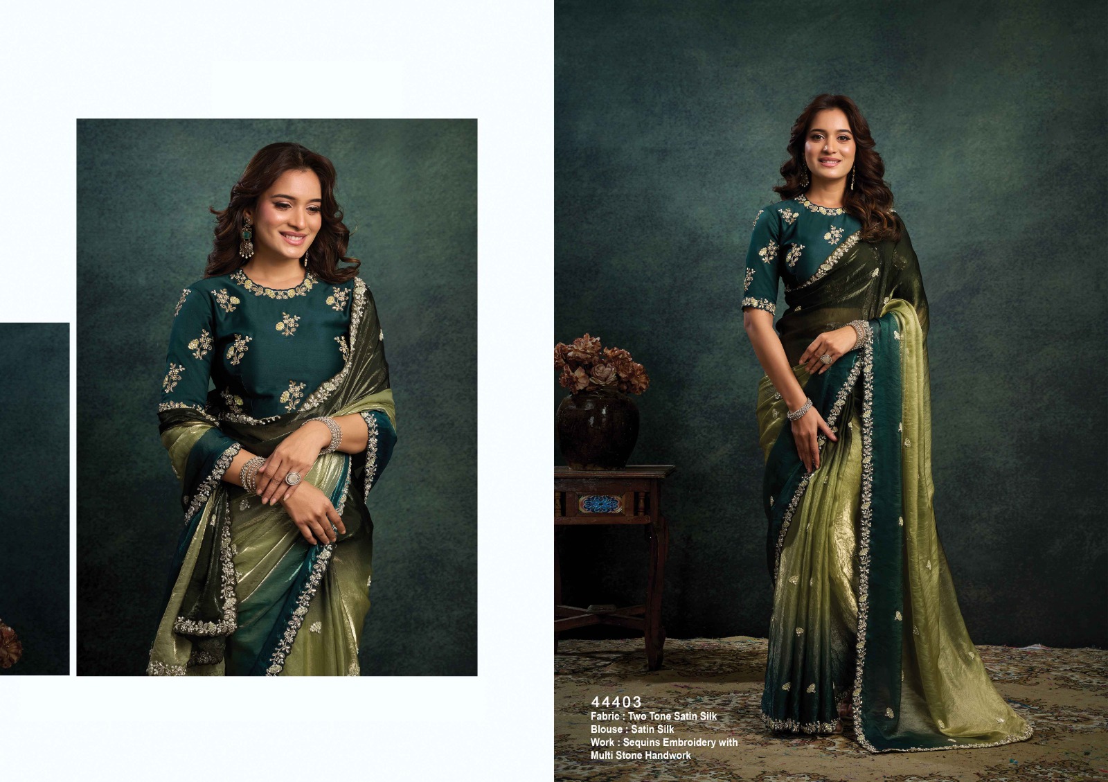Teal-Green & Olive-Gold Two-Tone Satin Silk Saree