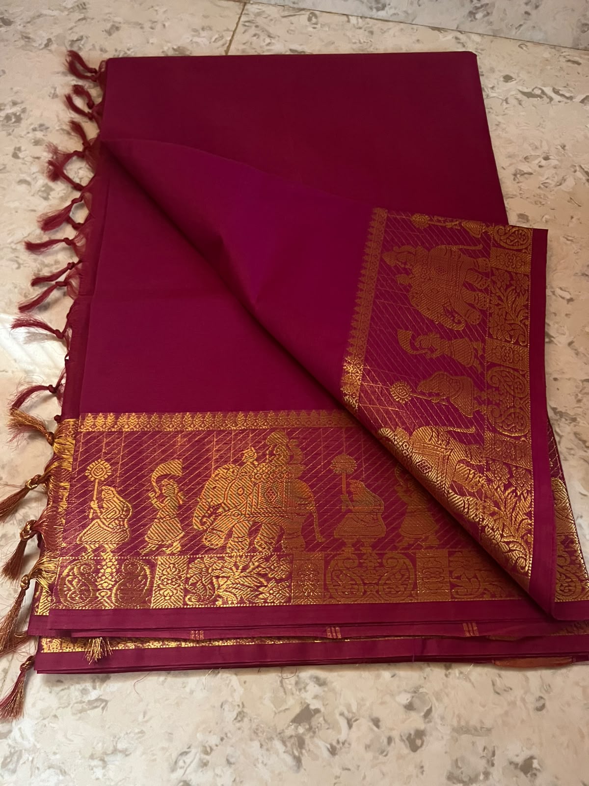 KANCHI COTTON - Wine Maroon Elephant Zari