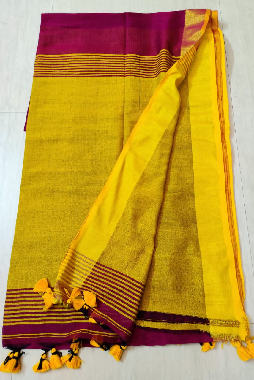 Deep Maroon with Mustard Yellow Jayasree Pure Linen Handloom Saree