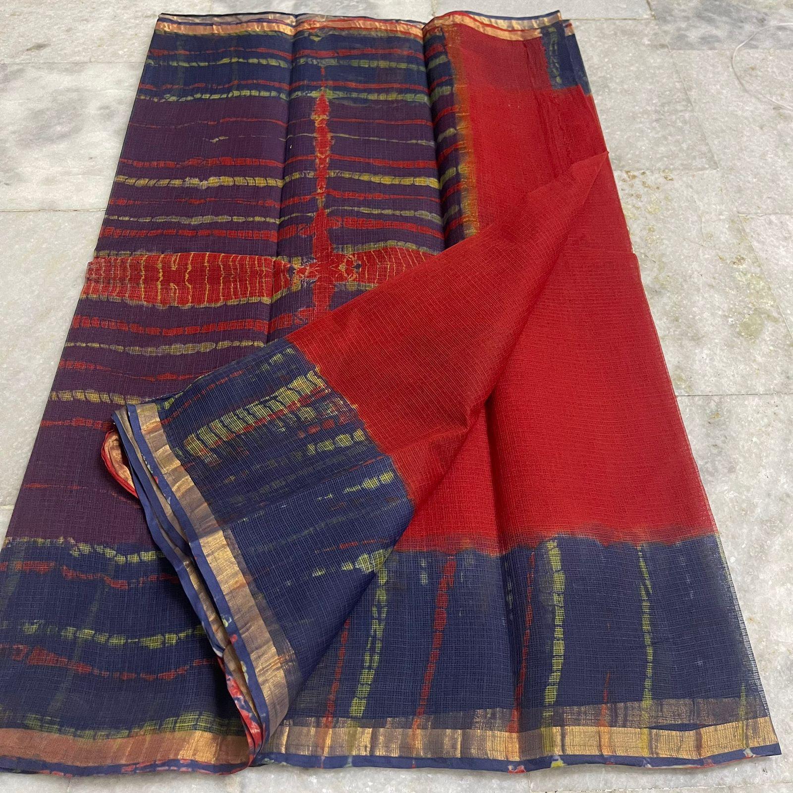 Red & Navy Blue Kota Doria Shibori Saree