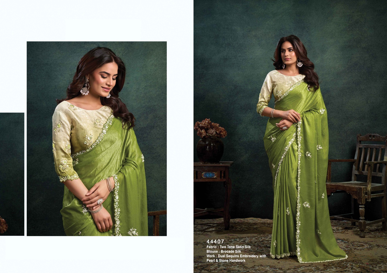 Parrot Green Designer Satin Silk Saree