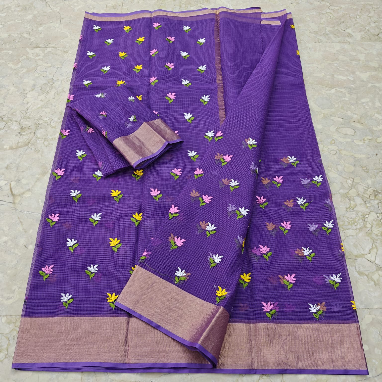 Radiant Violet Purple Embroidered Kota Doria Saree