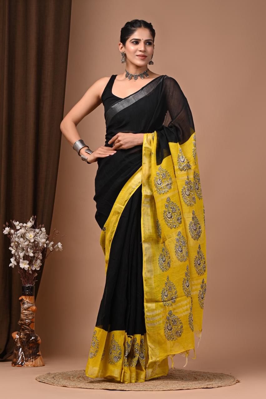 Hand Block Printed Linen Cotton Saree – Black with Mustard Yellow Pallu