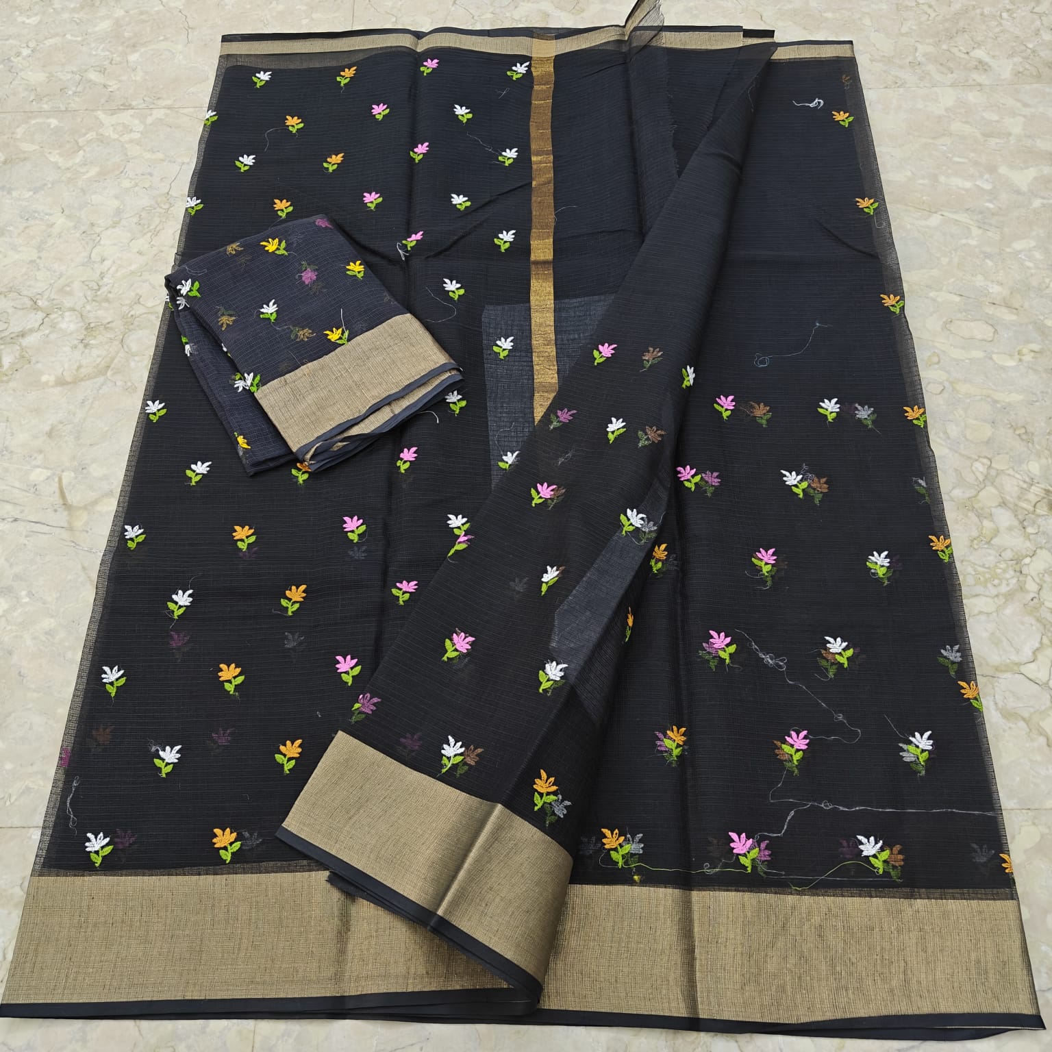 Black Floral Embroidered Kota Doria Saree