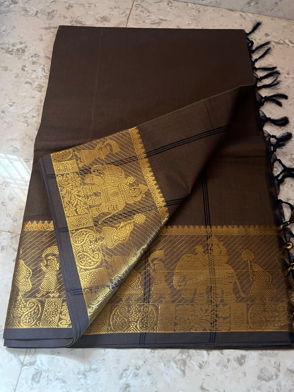 KANCHI COTTON - Deep Brown Elephant Border