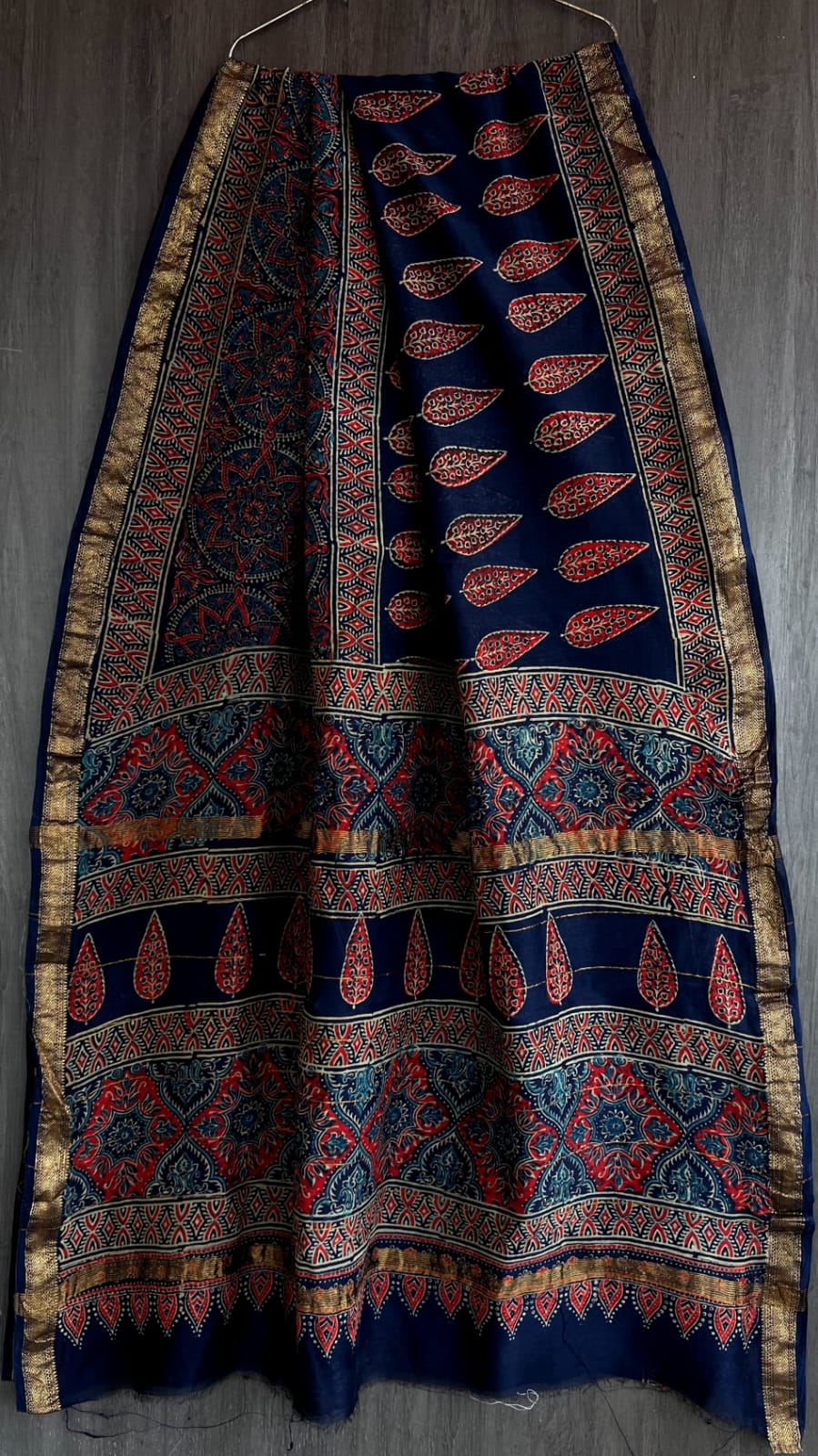 Navy Blue Ajrakh Handblock printed Maheshwari silk saree