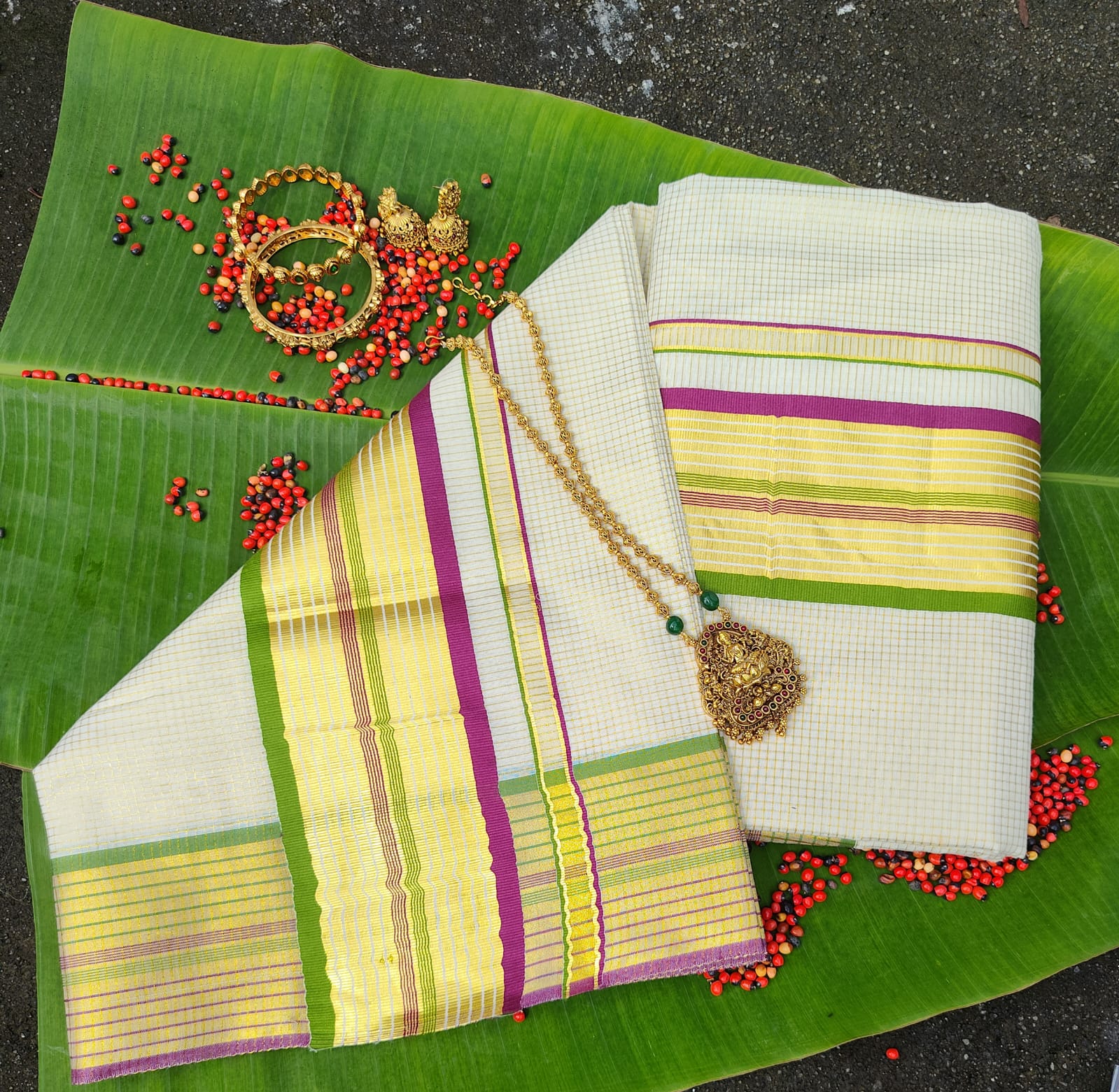 Balaramapuram Kaithari Saree - Golden Body with Parrot Green, Purple & Golden Border
