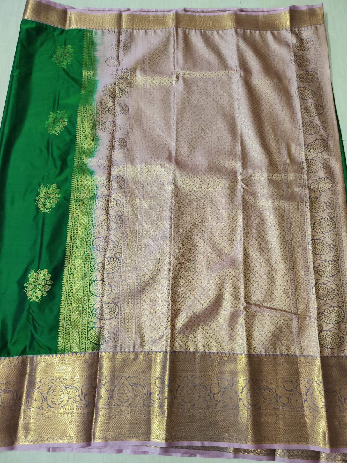 Bottle Green Kanchipuram Semi Silk Saree with Lavender Zari Contrast