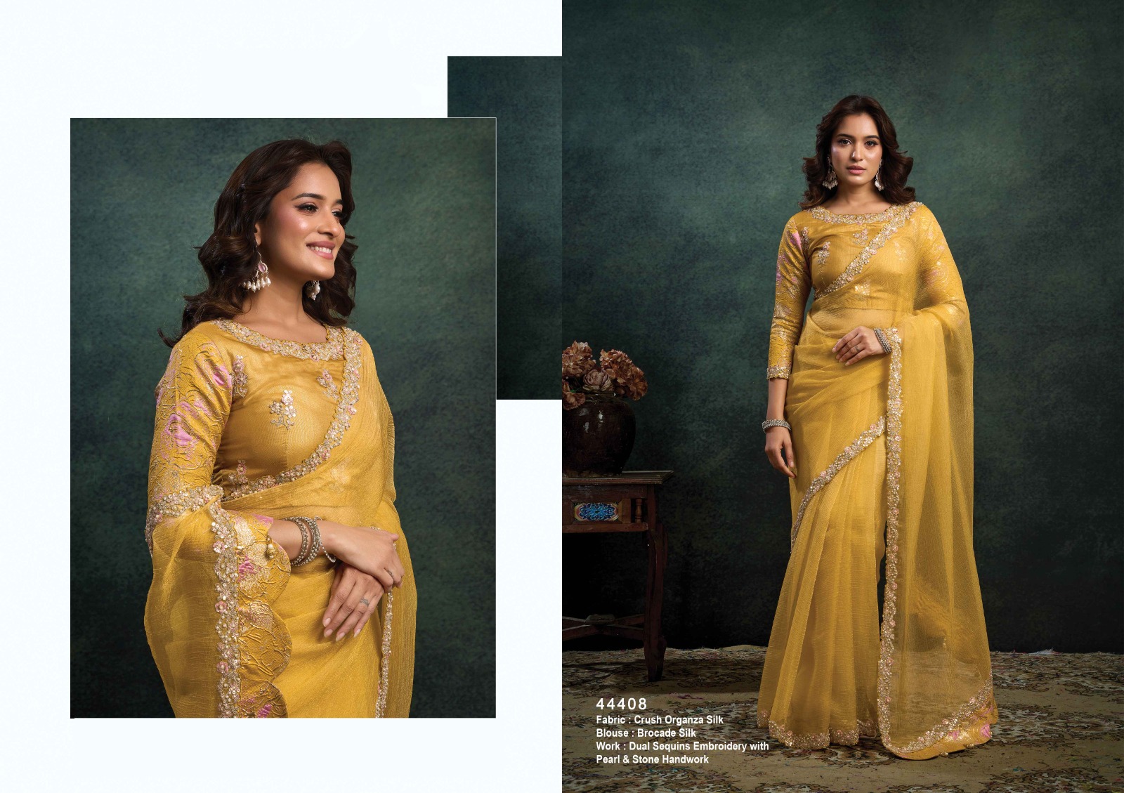 Mustard Yellow Crush Organza Silk Saree