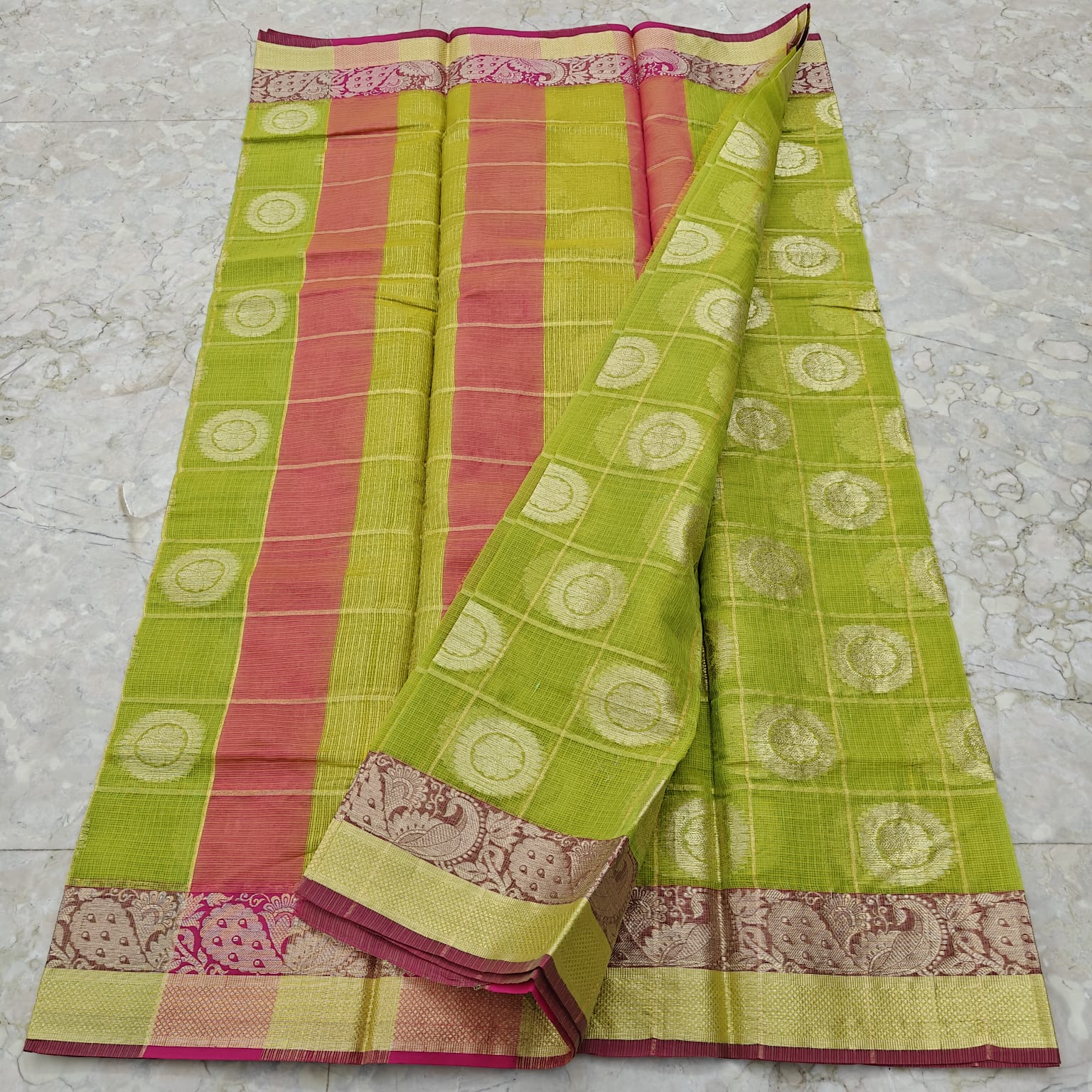 Parrot Green & Rani Pink Kota Doria Saree
