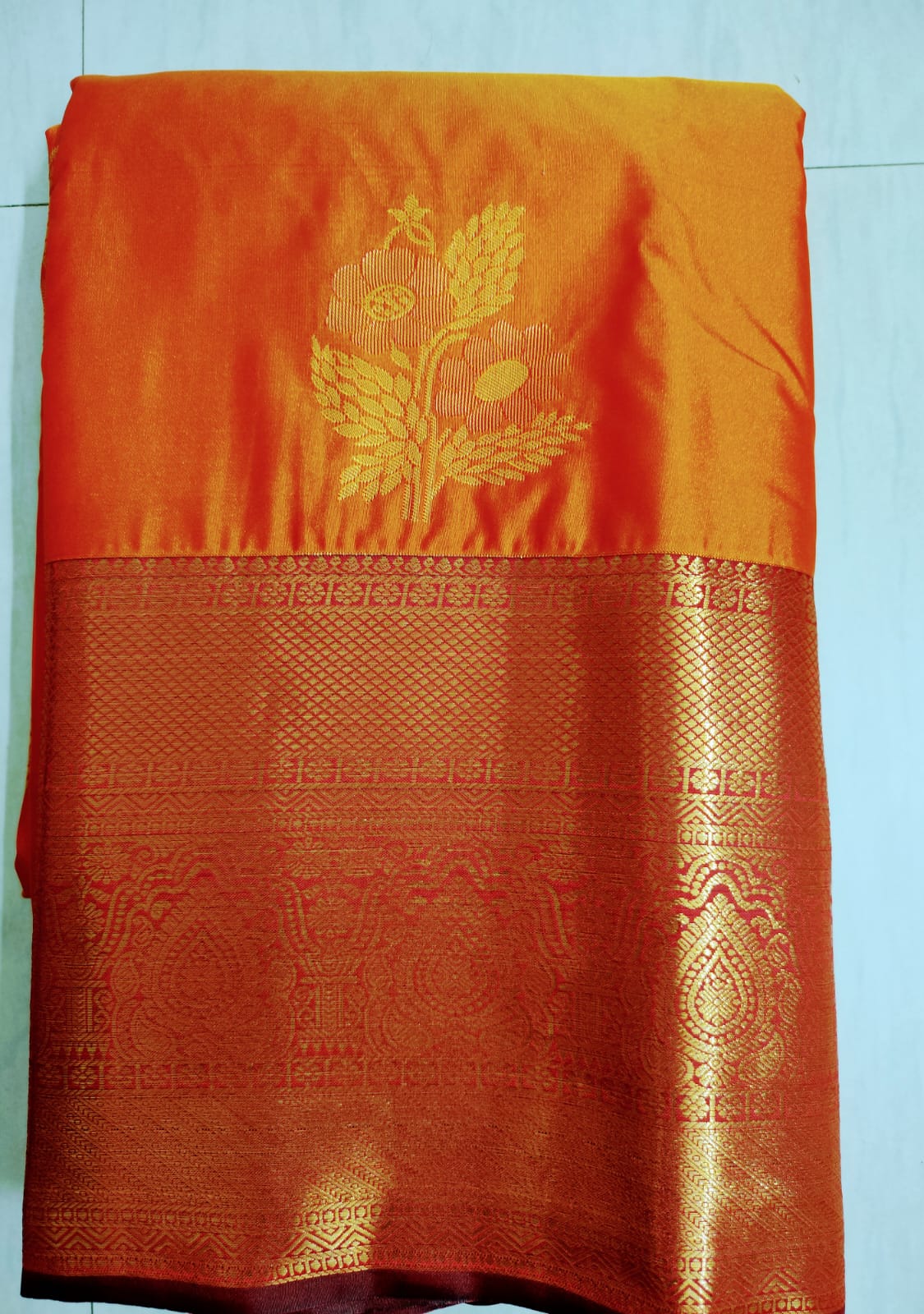 Orange & Brown Kanchipuram Semi Silk Saree with Rich Gold Zari Border