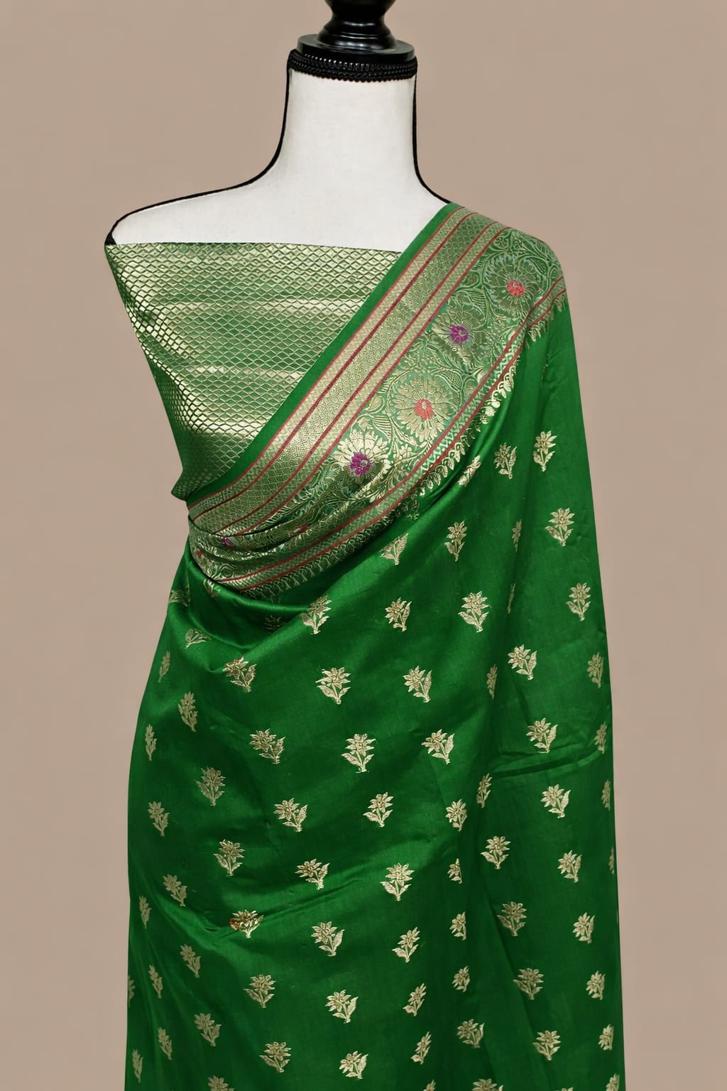 Bottle Green Premium Banarasi Raw Mango Silk Saree