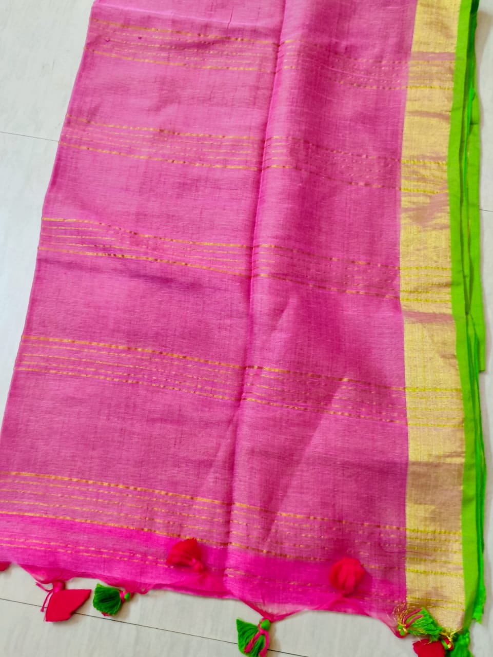 Baby Pink  with Parrot Green Jayasree Pure Linen Handloom Saree
