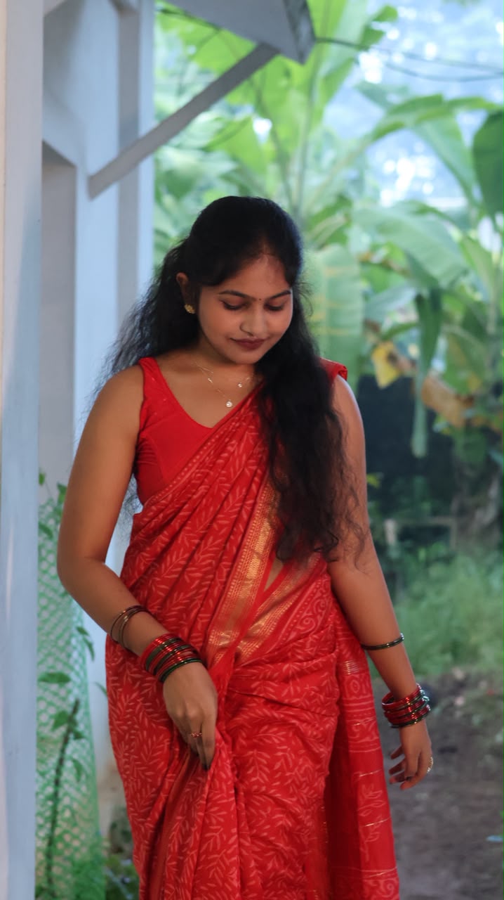 Bridal Red / Laal Handblock printed Maheshwari silk saree with blouse