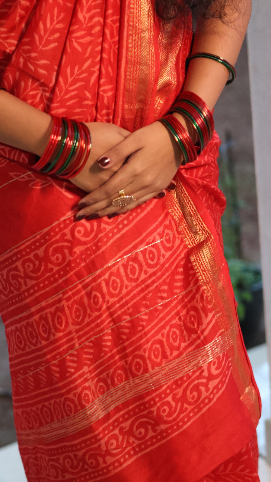 Bridal Red / Laal Handblock printed Maheshwari silk saree with blouse — image 3
