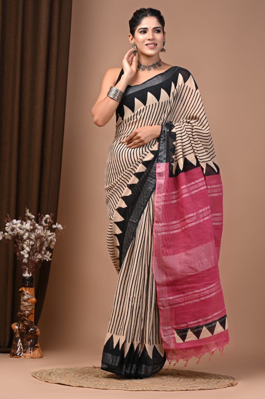 Hand Block Printed Linen Cotton Saree with Stripes – Off-White & Pink