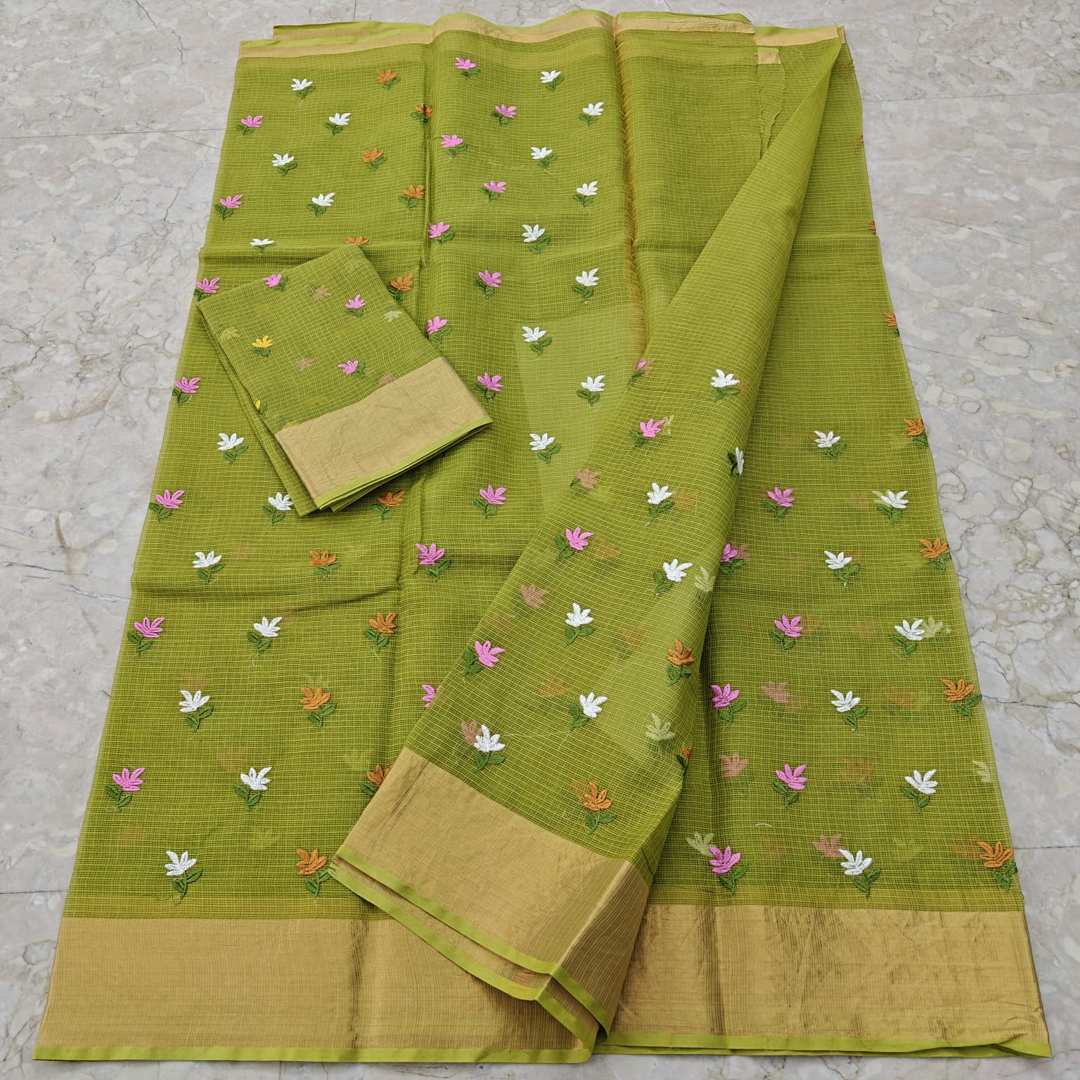 Charming Mehendi Green Embroidered Kota Doria Saree