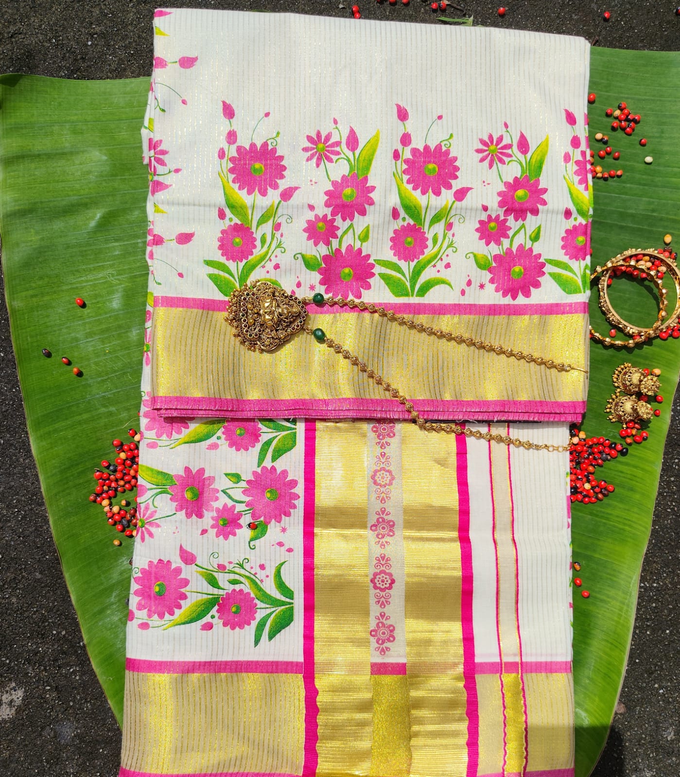 Balaramapuram Hand Painted Cotton Saree - White with Pink Flowers & Golden Border