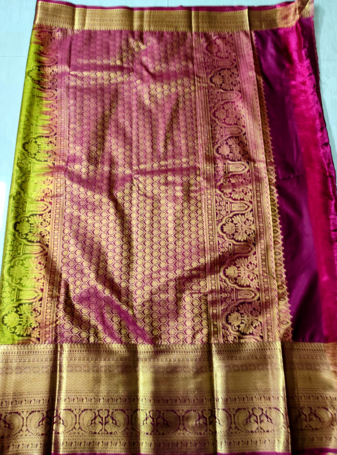 Lime Green Kanchipuram Semi Silk Saree with Magenta-Gold Zari Border