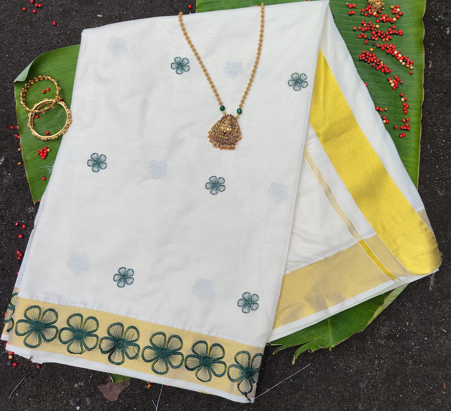 Balaramapuram Off White Embroidery Saree - Green Floral Work with Yellow Border