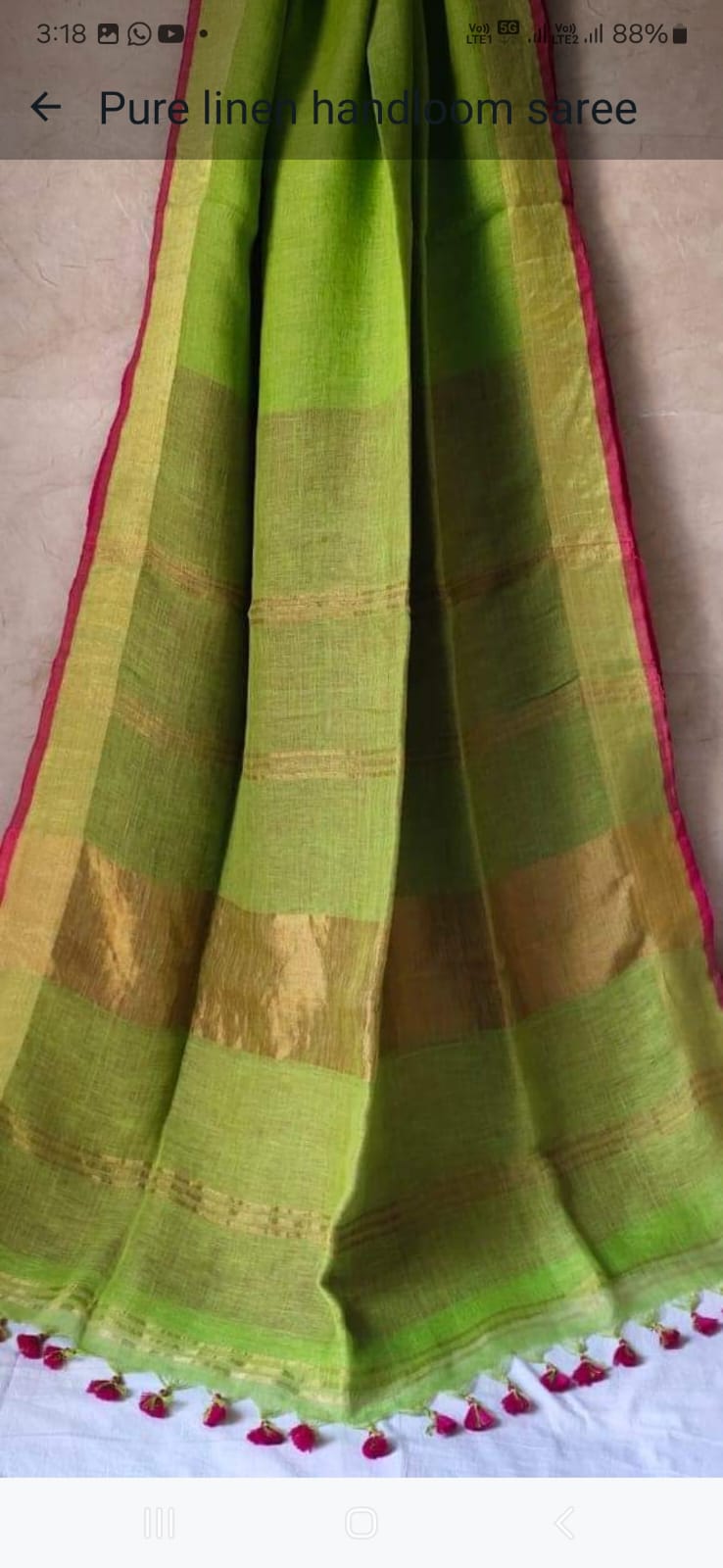 Parrot Green with Pink contrast Jayasree Pure Linen Handloom Saree