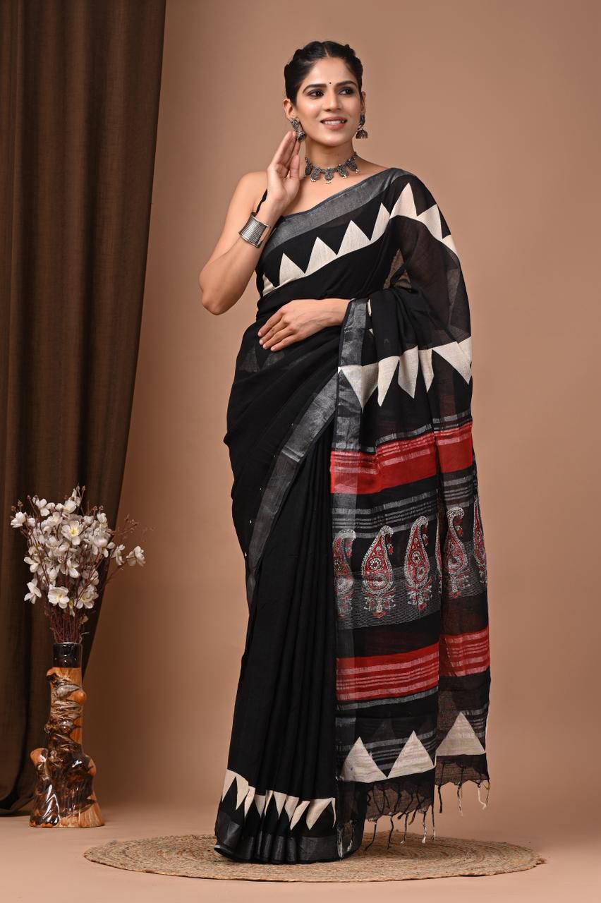 Linen Cotton Saree with Temple Border – Black & Red