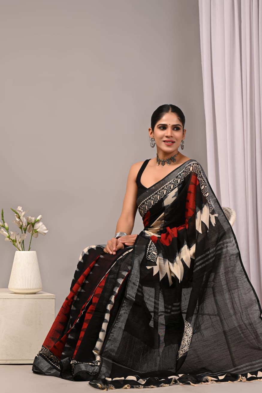 Linen Cotton Ikkat Saree – Black with Red & Off-White Temple Pattern