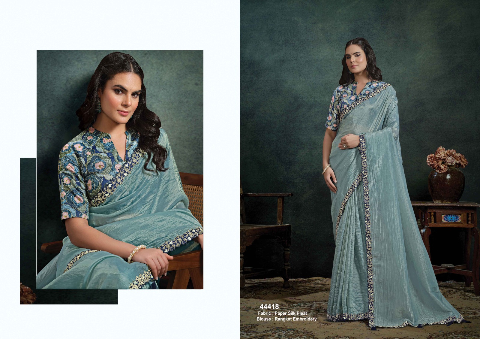 Ice Blue Paper Silk Pleat Saree
