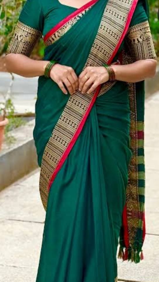 Bottle Green Mercerised Cotton Narayanpet saree