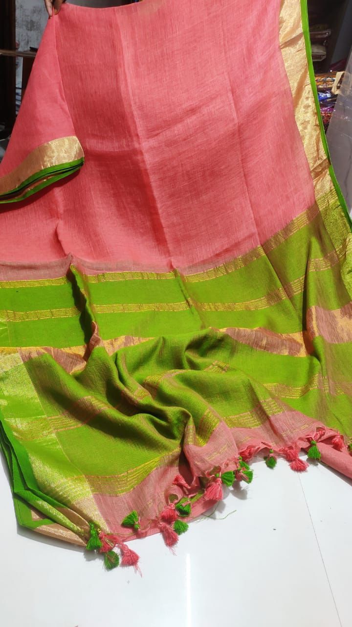 Baby Pink with Parrot Green Jayasree Pure Linen Handloom Saree
