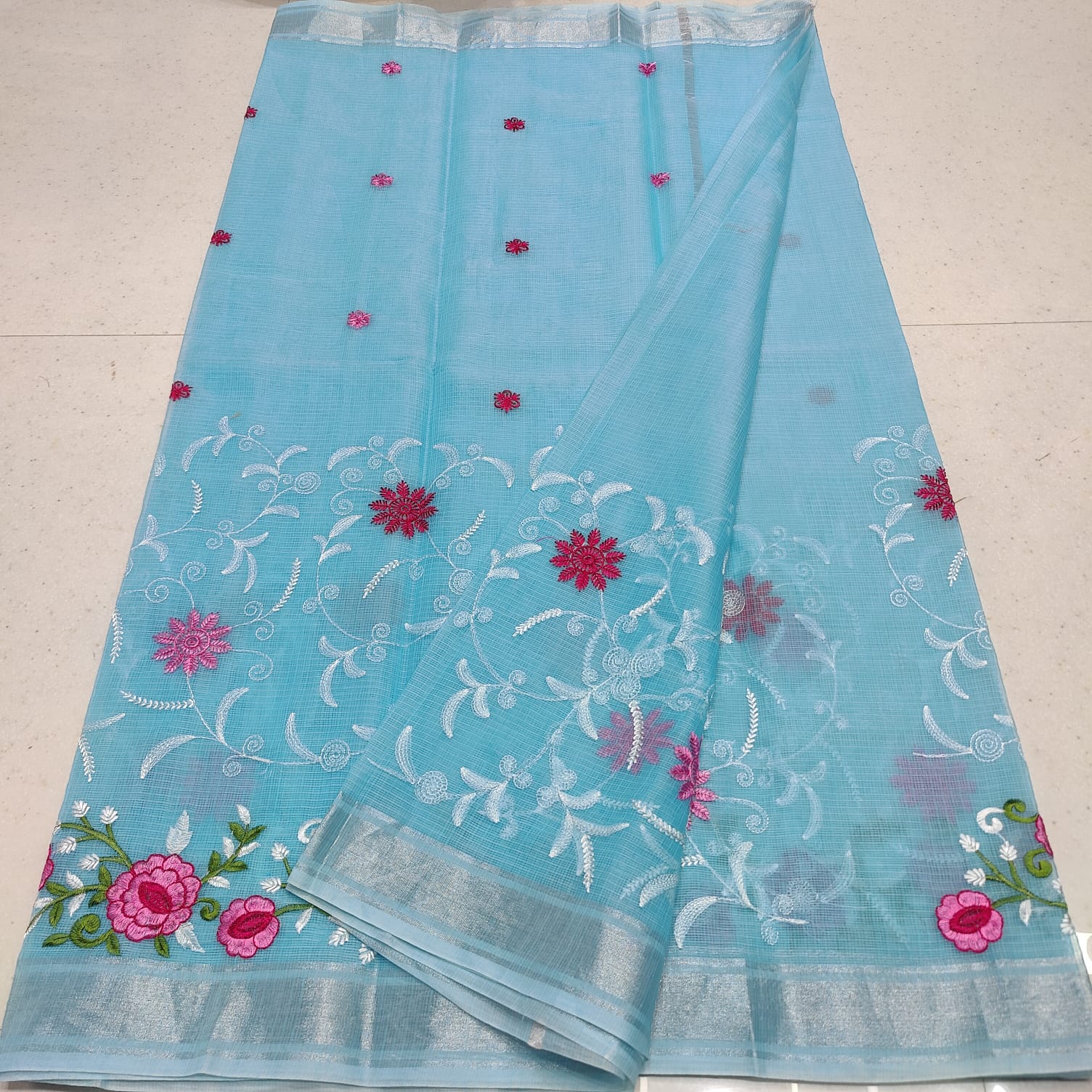 Sky Blue Embroidered Kota Doria Saree