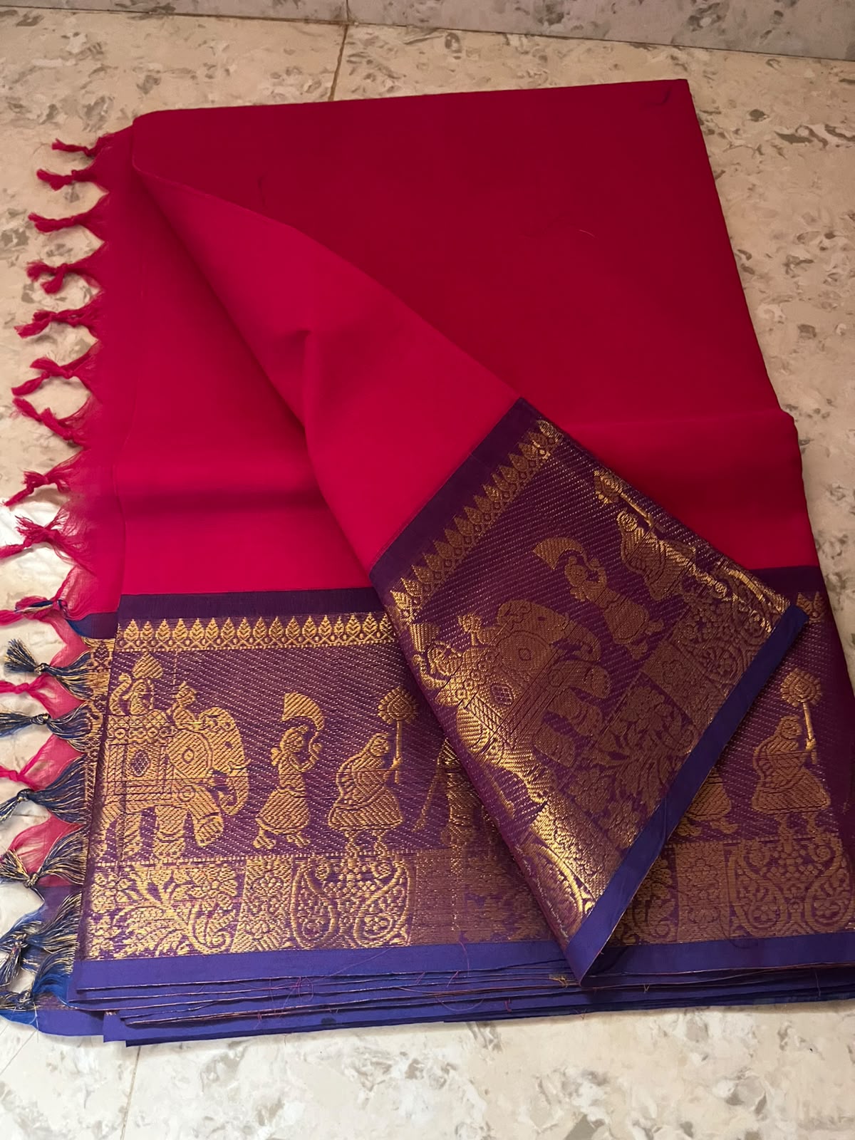 KANCHI COTTON - Rani Pink with Royal Blue Elephant Border