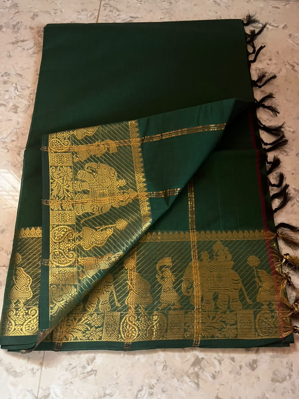 KANCHI COTTON - Bottle Green Elephant Zari