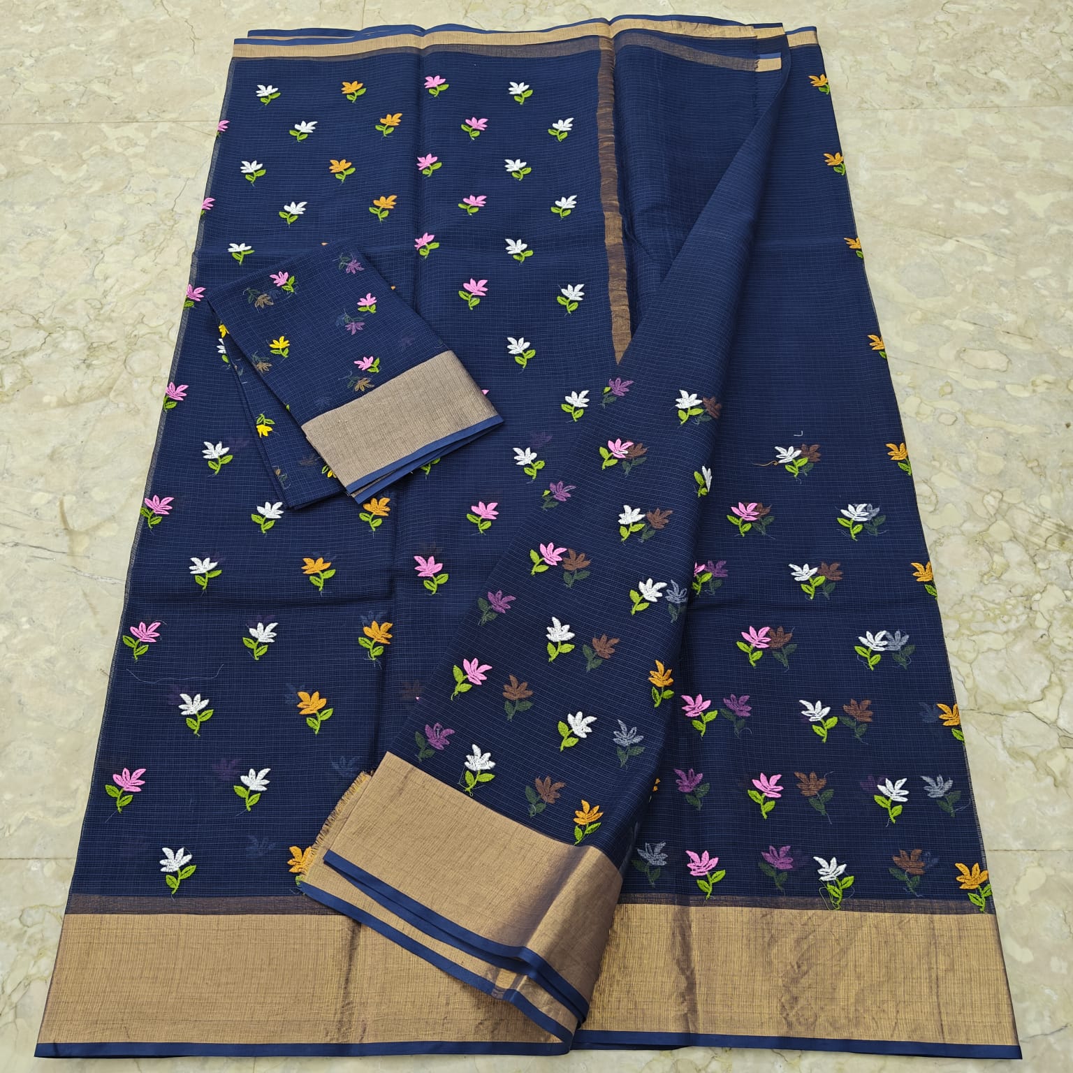 Timeless Midnight Blue Embroidered Kota Doria Saree