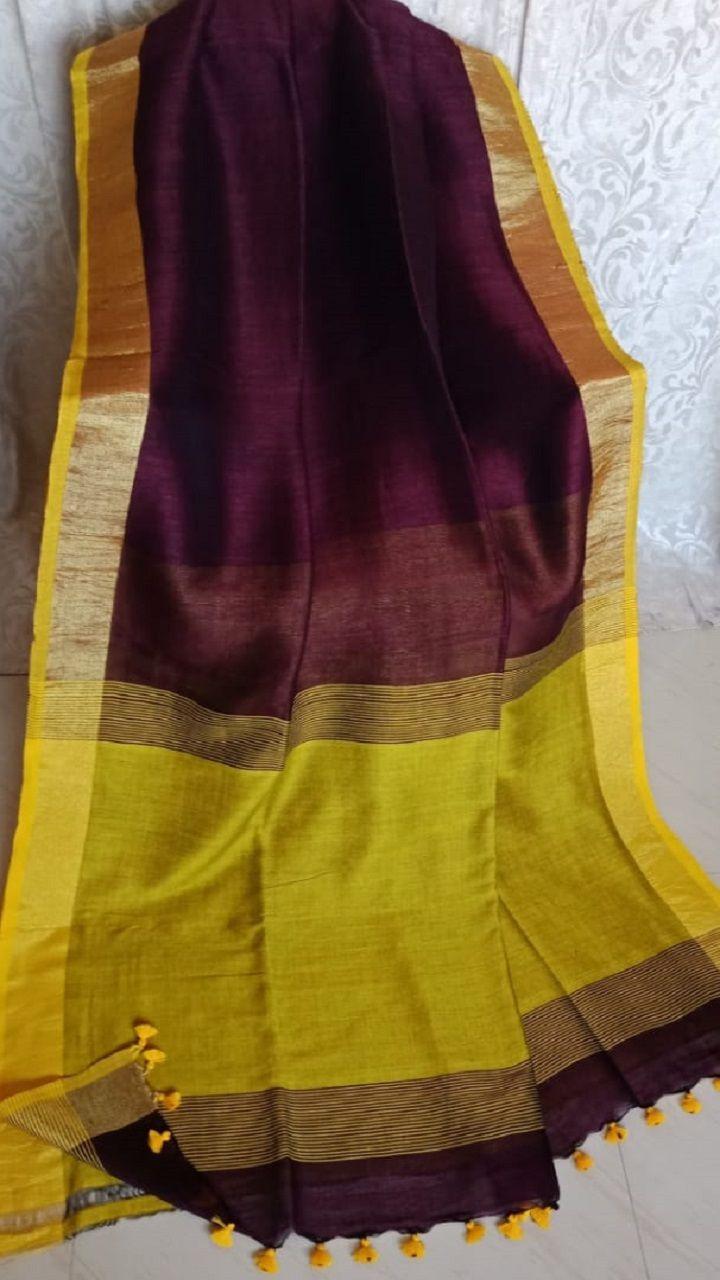 Deep Maroon with Mustard Yellow Jayasree Pure Linen Handloom Saree