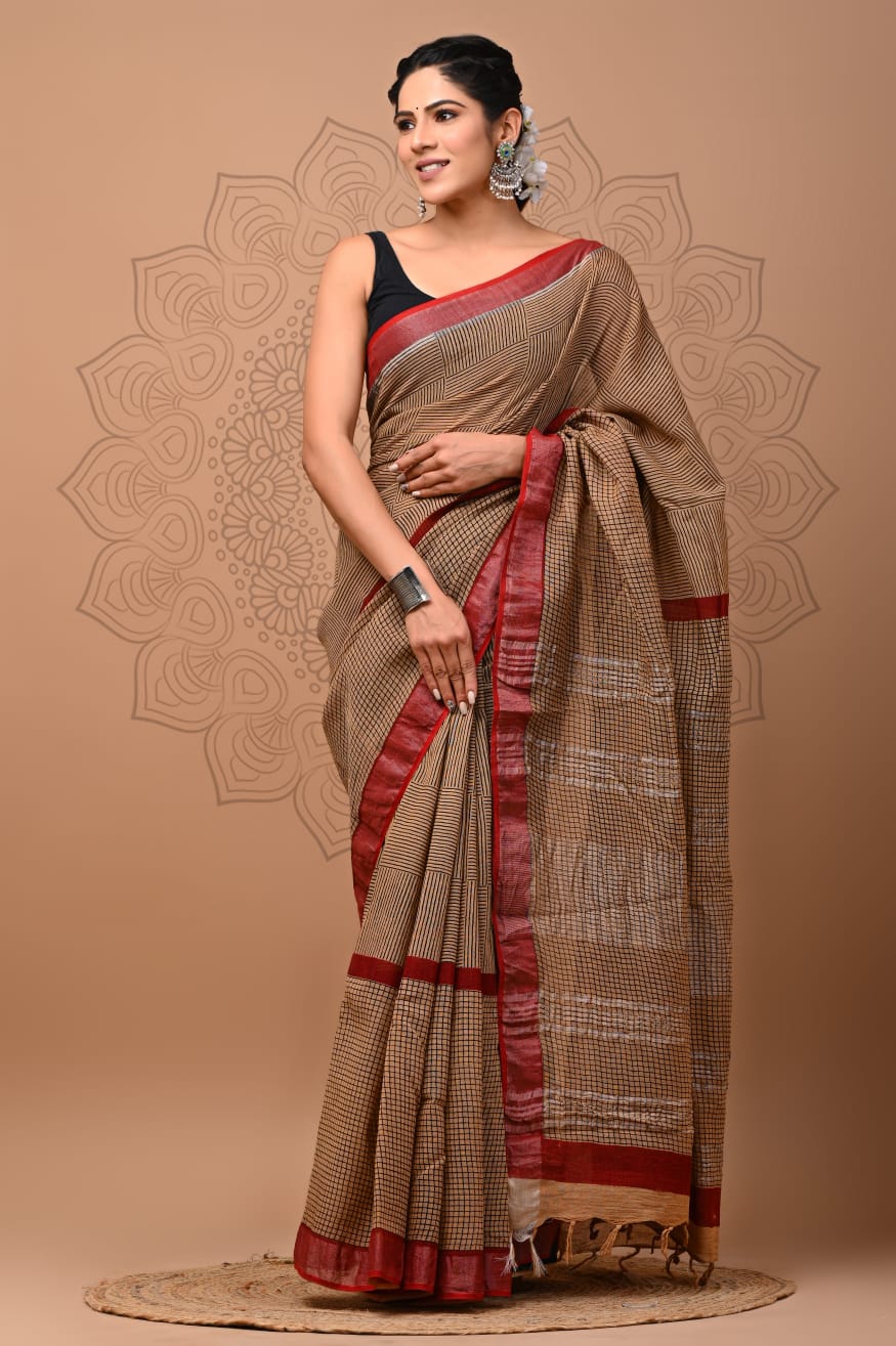 Linen Cotton Saree – Beige Checks with Red Zari Border