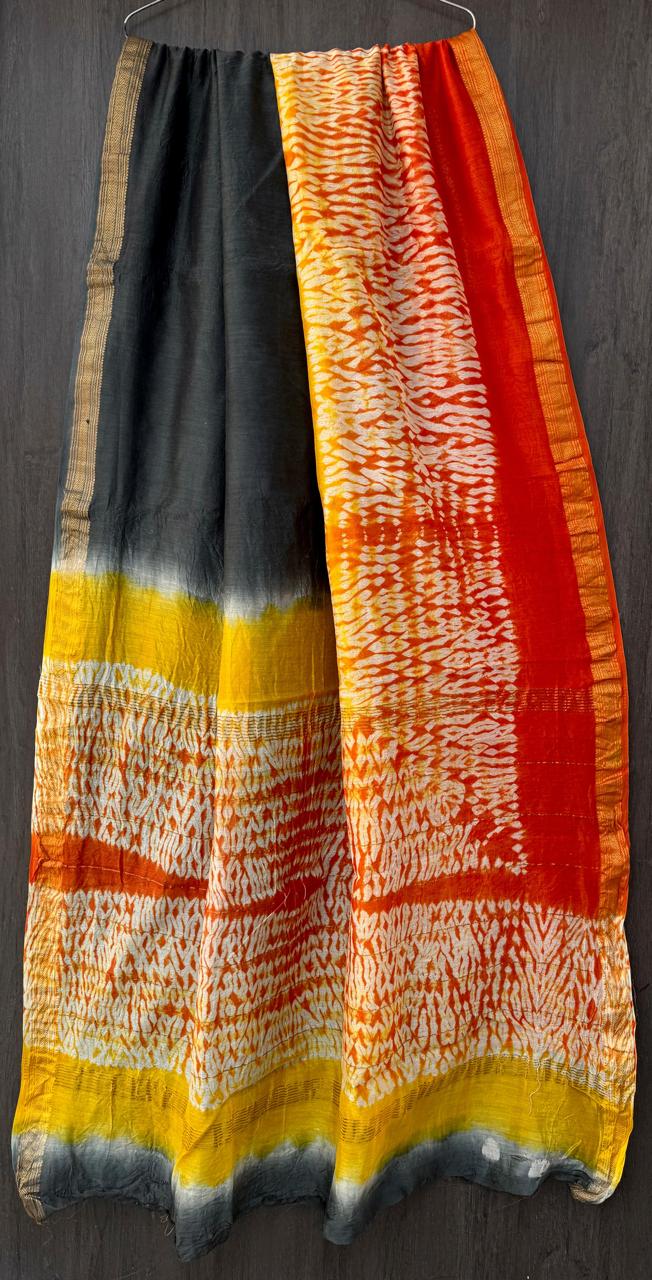 Charcoal Black + Orange + Yellow Tie & Dye Handcrafted Shibori Maheshwari silk saree with blouse