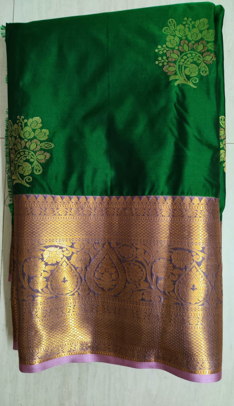 Bottle Green Kanchipuram Semi Silk Saree with Lavender Zari Contrast