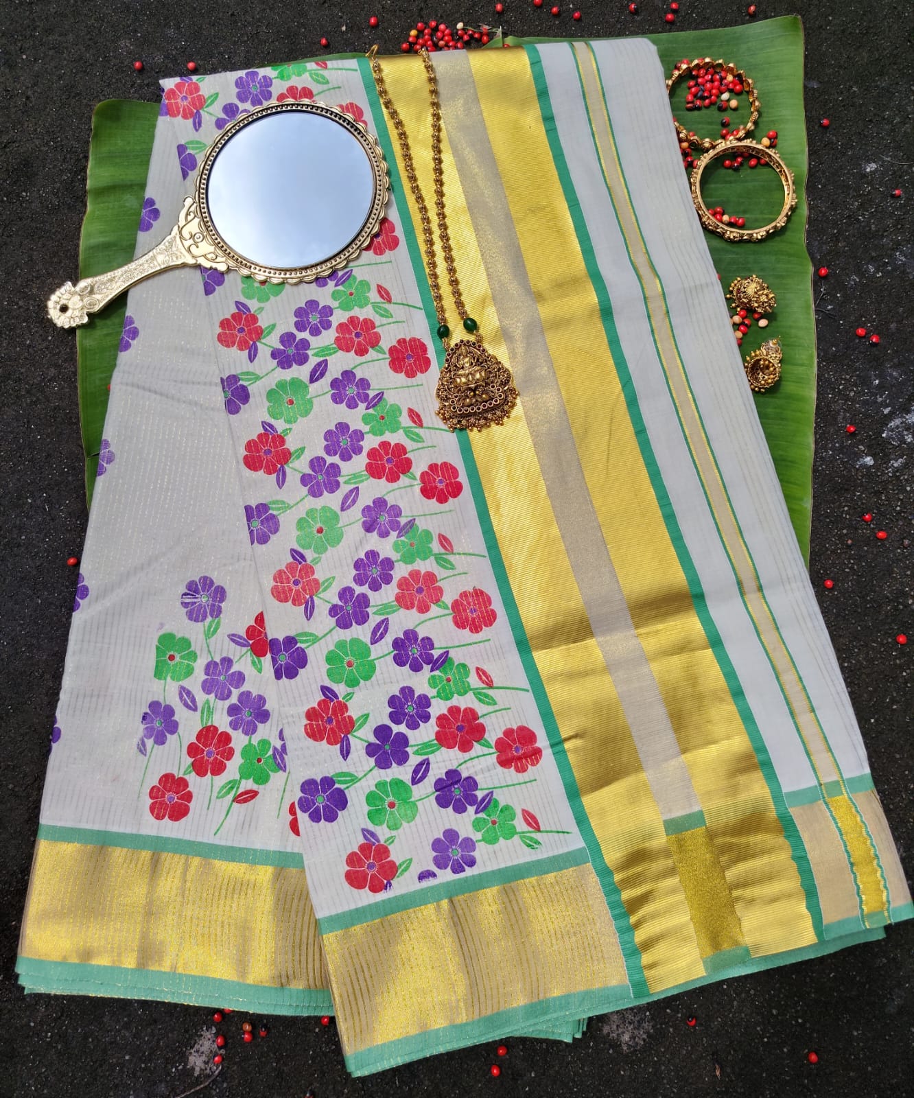 Balaramapuram Hand Painted Saree - Off White with Multicolor Flowers & Ocean Green Border