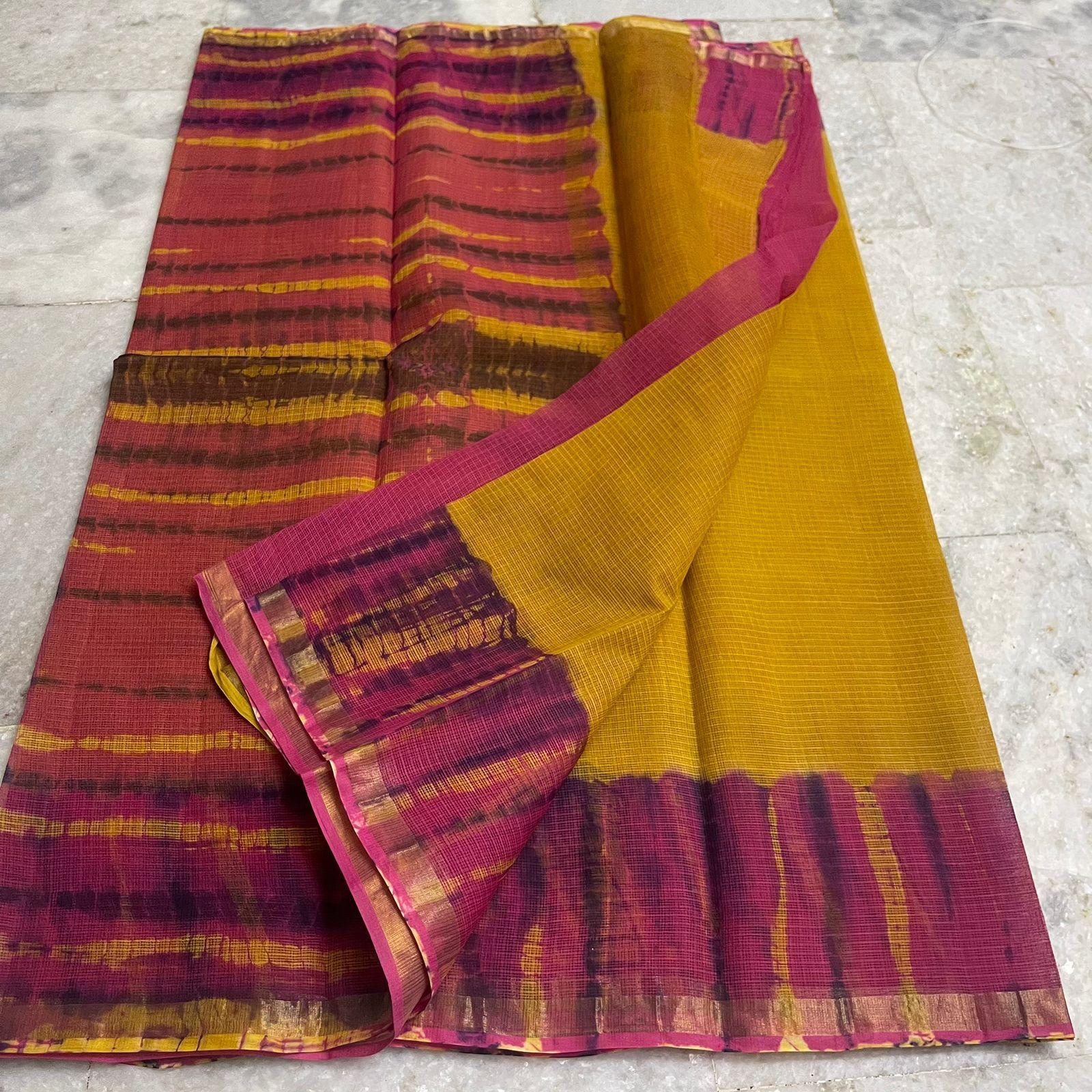 Premium Kota Doria saree in mustard yellow & rani pink