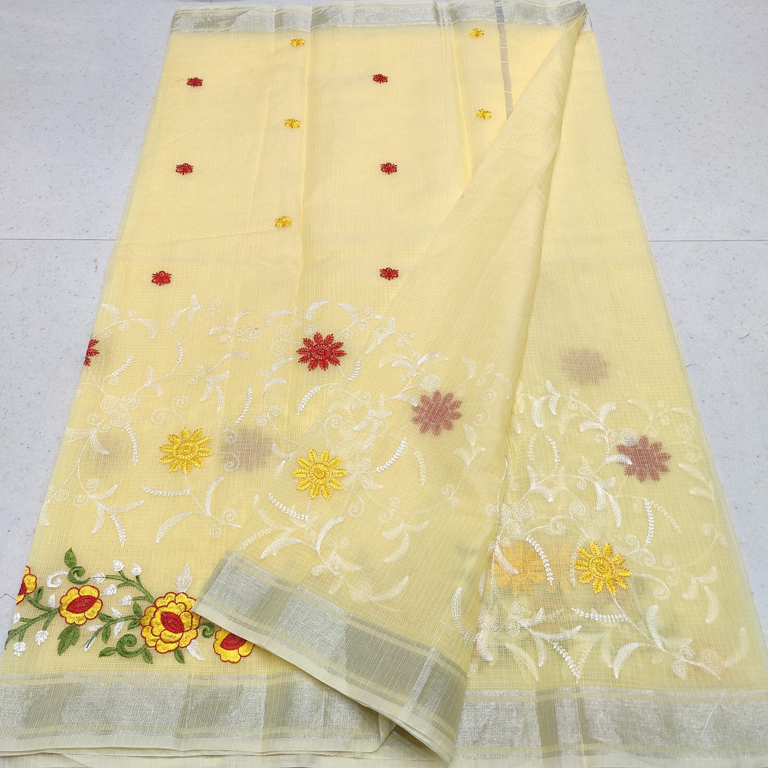 Lemon Yellow Embroidered Kota Doria Saree