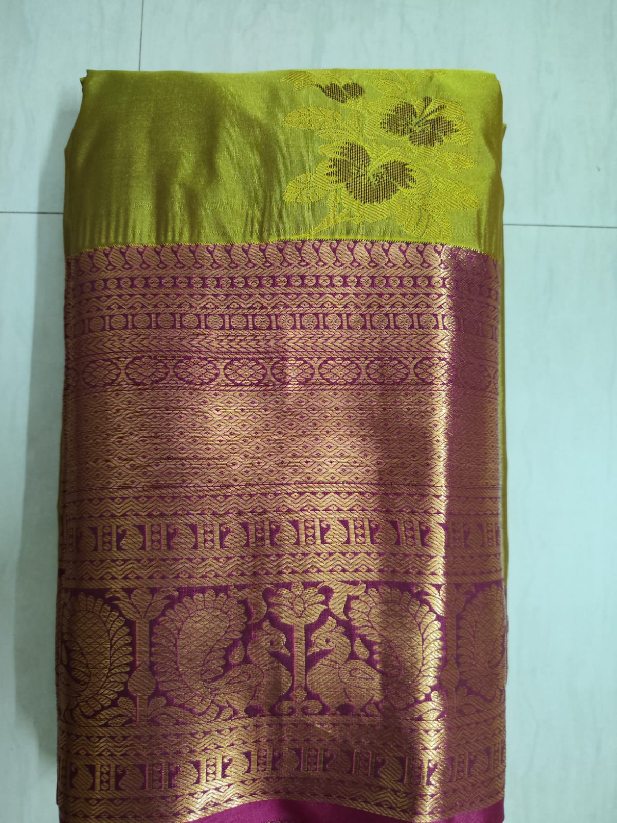 Lime Green Kanchipuram Semi Silk Saree with Magenta-Gold Zari Border