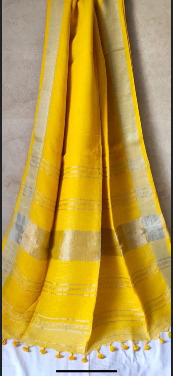 Lemon Yellow Jayshree Pure Linen Handloom Saree