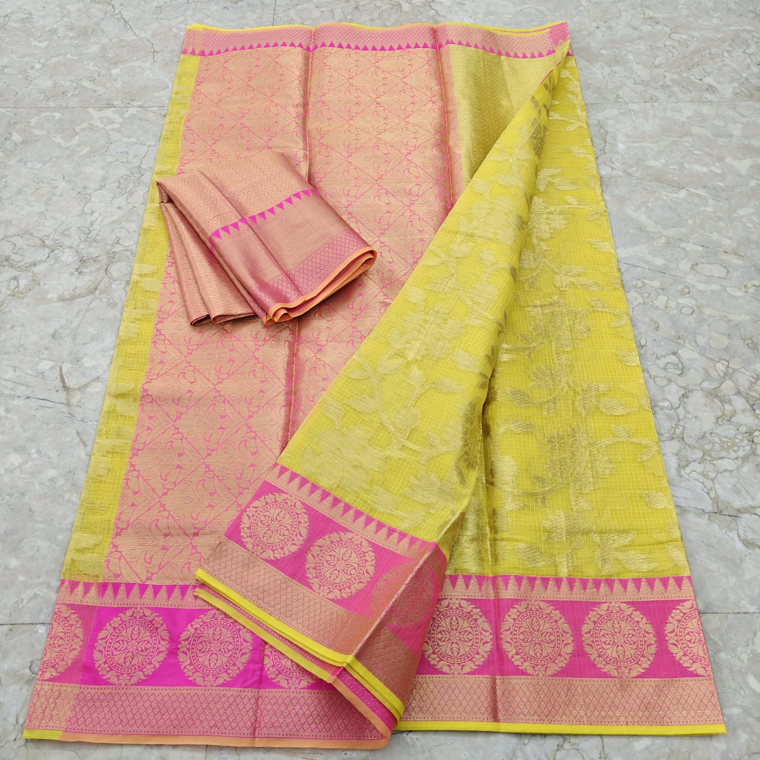 Lemon Yellow & Rani Pink Tissue Kota Doria Saree