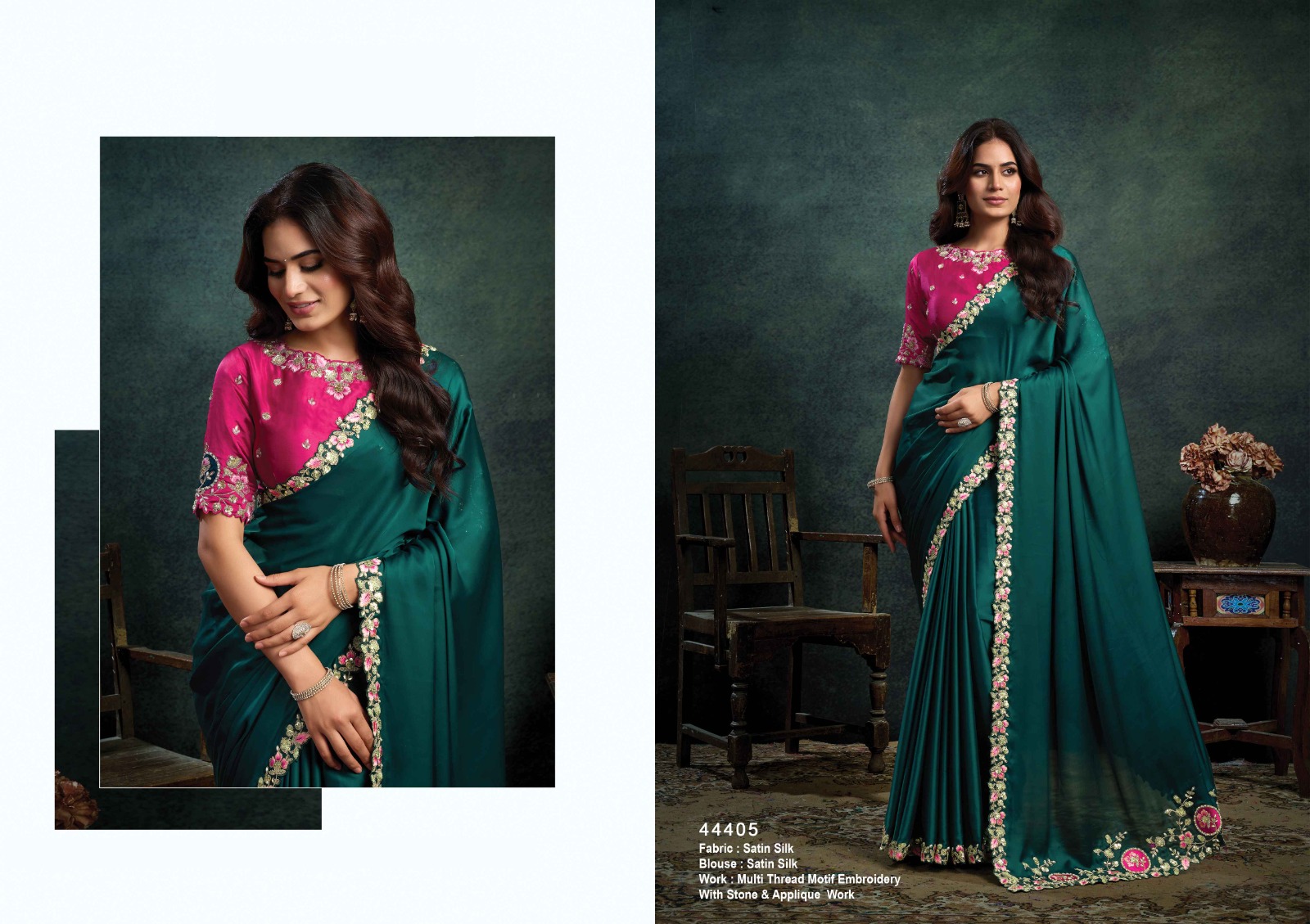 Teal Green Satin Silk Designer Saree