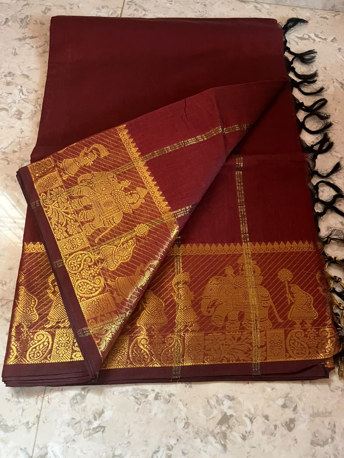KANCHI COTTON - Maroon Elephant Zari