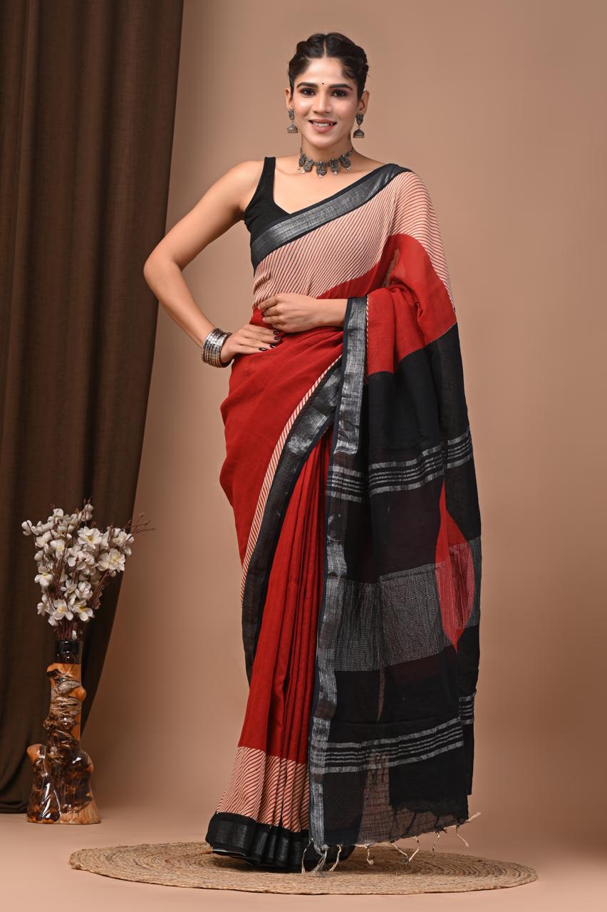 Linen Cotton Saree – Red & Black Color Block