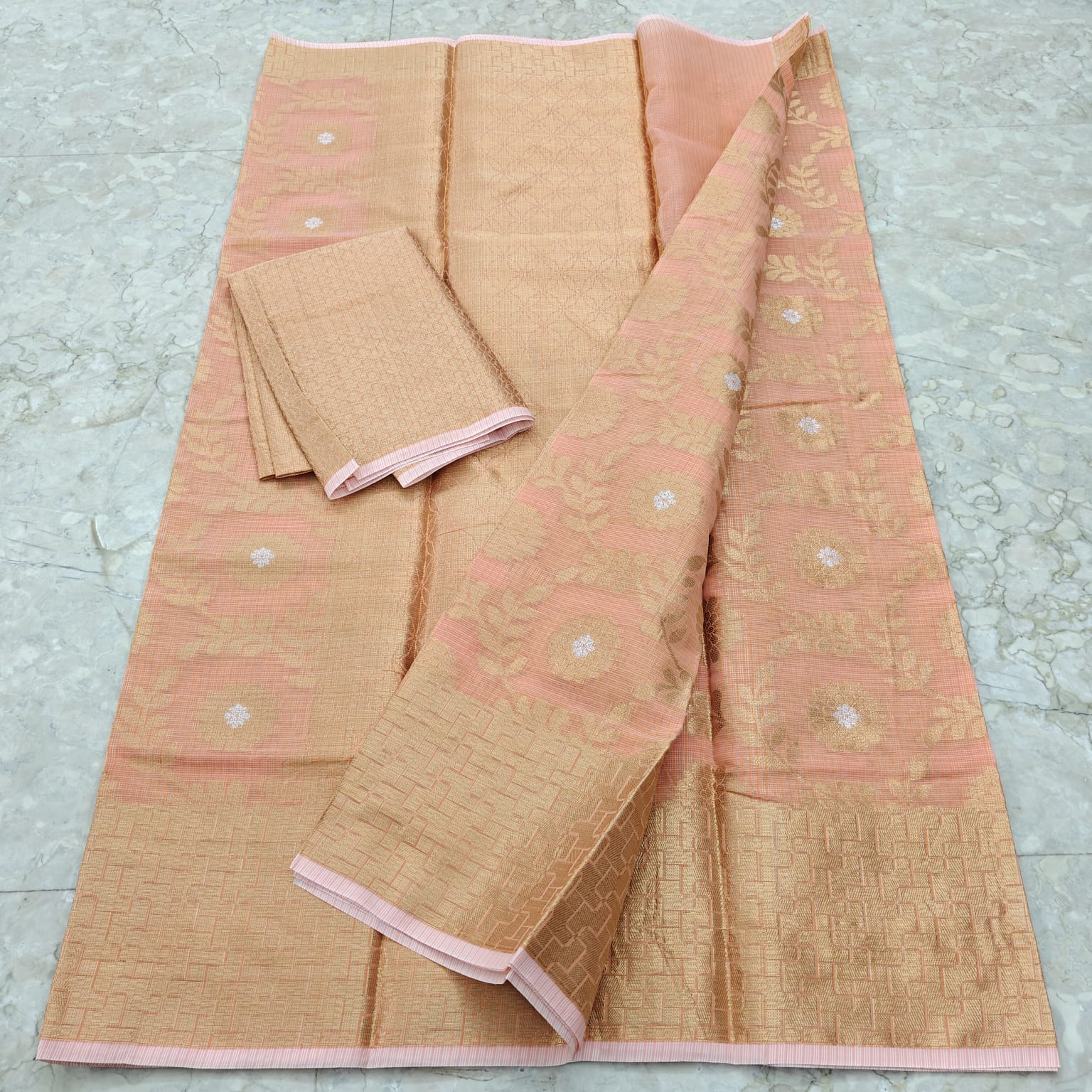 Peach & Antique Gold Tissue Kota Doria Saree